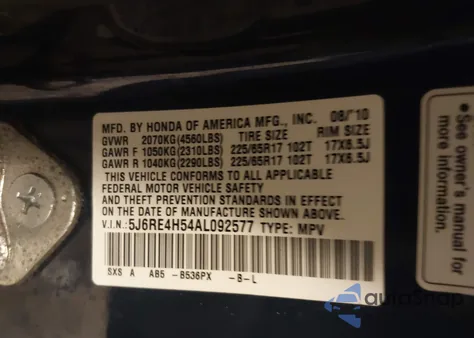2010 Honda Cr-V Ex from USA, damaged, VIN 5J6RE4H54AL092577